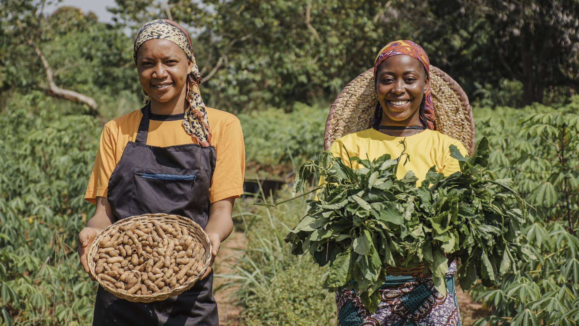 Two farmers in a field with the day's harvest